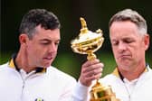 Rory McIlroy and captain Luke Donald during a Europe team photocall before the 2025 Ryder Cup. Photo: Vaughn Ridley/Sportsfile