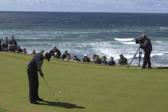 Greg Norman putts on the 14th green during his challenge match with Padraig Harrington at the Official Opening of Doonbeg Golf Club in 2002 | PICTURE: Sportsfile