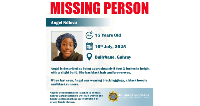 15-year-old Angel Ndlovu is reported missing from her home in Galway since Thursday 10th July 2025