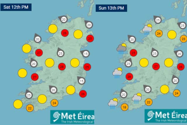 "Starting out largely fine and dry [on Sunday] with good sunny spells and mostly light winds. More cloud will build from the west with outbreaks of rain pushing in across Atlantic coastal counties. A very warm day with highest temperatures of 22 to 28 degrees and southerly breezes.
