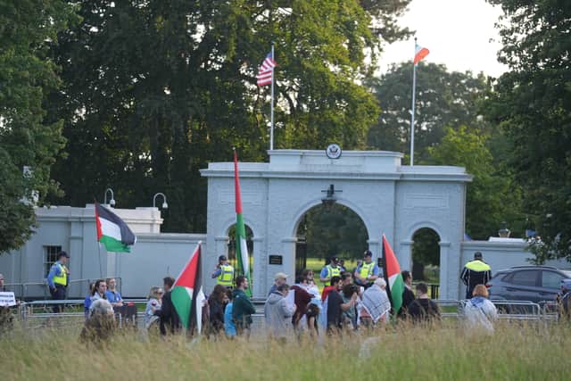 The demonstrators gathered to shout “shame” at attendees over the US Government’s military support for Israel’s war in Gaza.