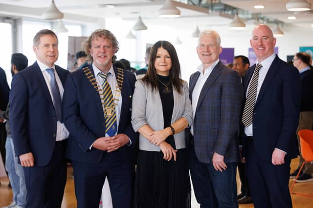 Cllr Alan O'Callaghan with Tadgh O'Leary, Department of Social Protection; Helen Downes, CEO Shannon Chamber; Colin MacDonald, CEO Fine Grain Property and Jason Murphy, Clare County Council