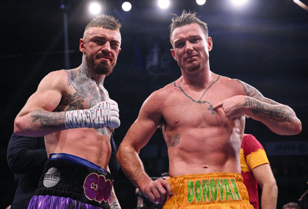 Paddy Donovan, right, and Lewis Crocker after their IBF welterweight eliminator bout at SSE Arena in Belfast on Saturday night | PICTURE: Sportsfile
