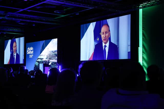 Taoiseach Micheal Martin sent a video address after he was unable to attend in person due to his meeting with Ukrainian President Volodymyr Zelensky at Shannon Airport in Co Clare.