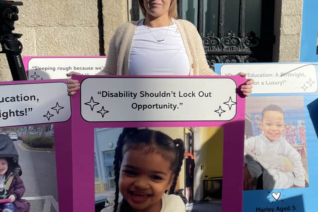 Protest organiser Charlotte Cahill addressed her five-year-old daughter Cyra and said she had been “let down” by a system that had “stolen your rights and denied you of the education you deserve”.