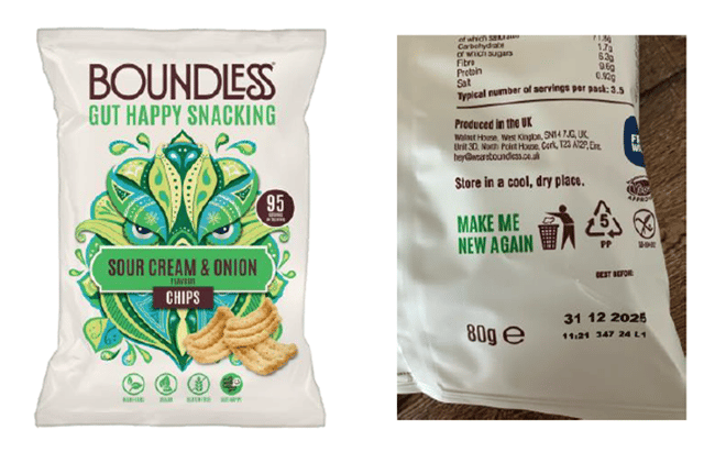 Batches of Boundless sour cream and onion flavoured crisps have been flagged as containing milk which was not declared in the listed ingredients on the packaging.