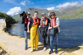Cameraman Lennard Brans; celebrity chef Sergio Herman; director Bjorn Rutgeerts; and soundman Johan Vanderjeugd, during filming for Sergio Over De Grens along the Wild Atlantic Way TV show