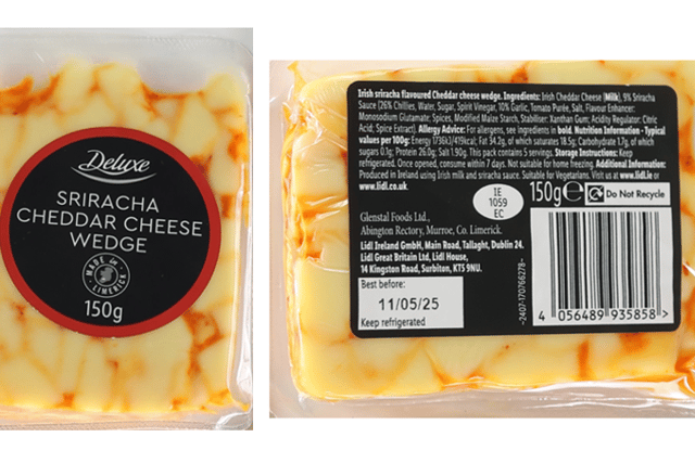 The affected products are 150g packs of Deluxe Sriracha Cheddar Cheese Wedge with approval number IE 1059 EC and a best-before date of 11/05/25.