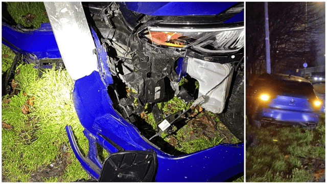 Photographs posted on social media show the blue Volkswagen car was significantly damaged in the impact.