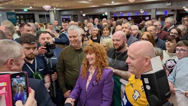 The now-former Clare councillors Joe Cooney and Donna McGettigan congratulate each other ahead of confirmation of the final count PICTURE: Ellen Gough