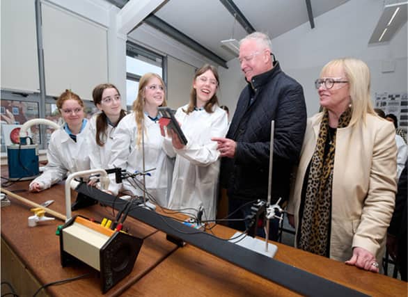 L-R: 6th year's Bríd Jean Walshe, Lauren Fox, Líadán Ní Ghlaisne and Mary Guy, Senior VP and Site Lead at Regeneron’s Raheen facility, Mr. Niall O’ Leary, Principal Ms. Jean Pound
