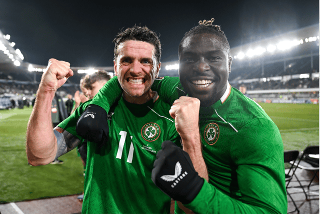 Robbie Brady (left) and Festy Ebosele (right) after Irealnd's win, Photo: Sportsfile