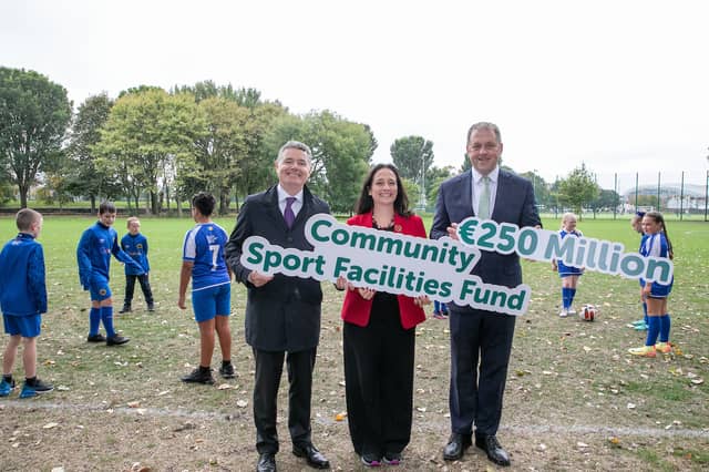 Ministers Paschal Donohoe, Catherine Martin and Thomas Byrne after announcing €230m for new and improved sports facilities and equipment under Community Sport Facilities fund| PIC: Lensmen