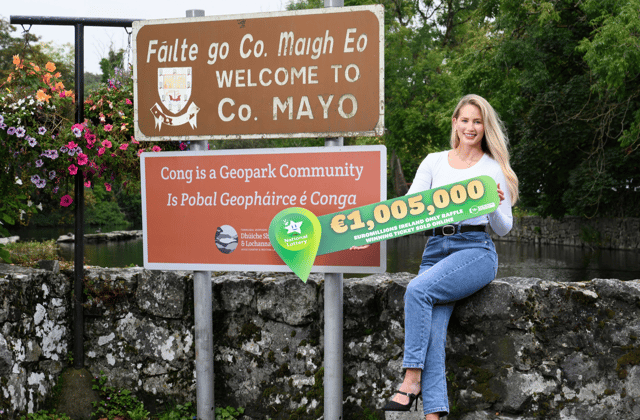 Sarah Ruane, Communications Executive in the National Lottery, reveals Co. Mayo as the winning location for Friday night’s EuroMillions Ireland Only Raffle win worth a staggering €1,005,000