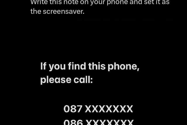 Tech journalist Jess Kelly shared a sample screenshot on X ahead of the Stradbally festival this weekend, advising festival goers to set their lock screen to show emergency contact numbers in case it goes missing.