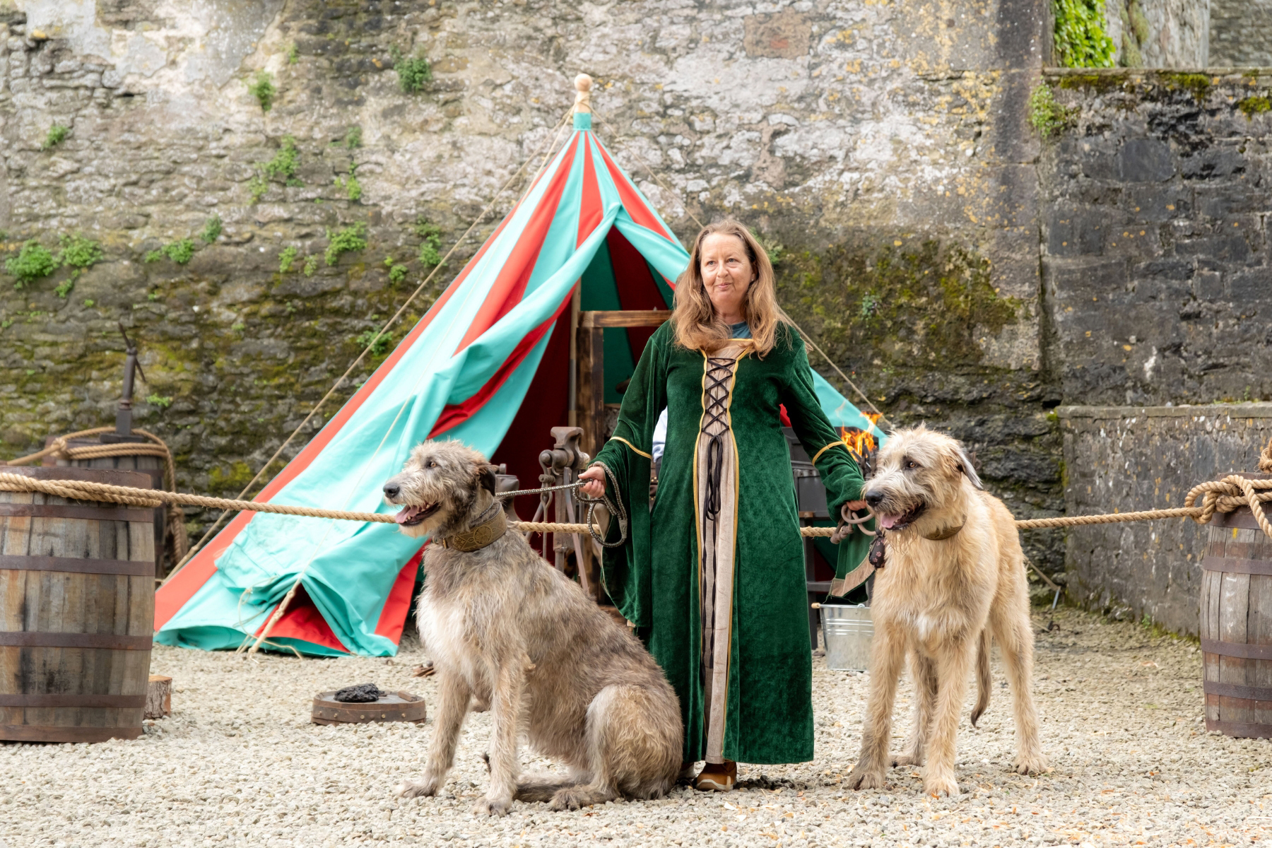 Bunratty Castle & Folk Park’s Shinead Moloney pictured with resident Irish Wolfhounds Rian and Míde. Photo Paul Corey.