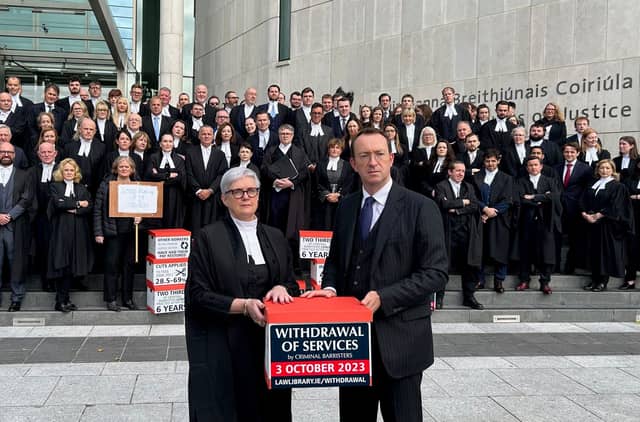 Sara Phelan SC, chairwoman of the Council of The Bar of Ireland (left) and Sean Guerin SC, chairman of the Criminal State Bar Committee (right) striking last October (Cillian Sherlock/PA)