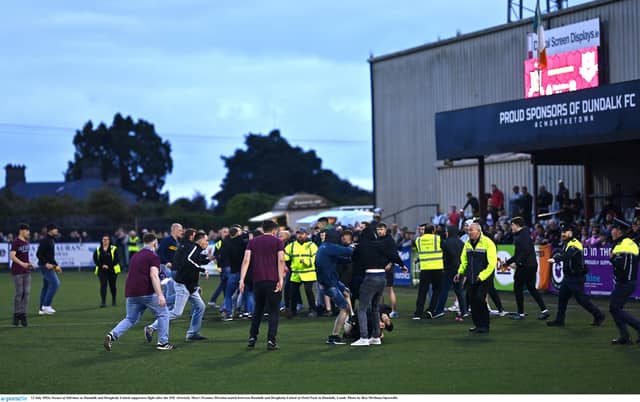 Scenes at full-time at Oriel Park. Photo: Ben McShane/Sportsfile