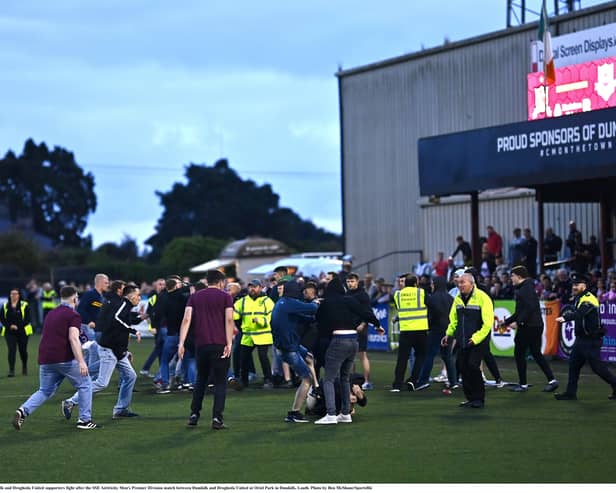 Scenes at full-time at Oriel Park. Photo: Ben McShane/Sportsfile