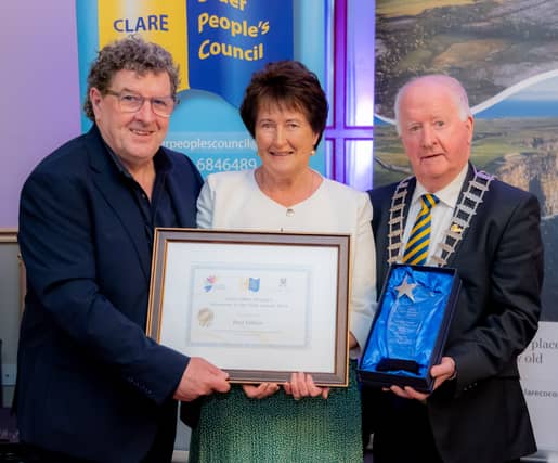 Mike Hanrahan, Clare Age Friendly Ambassador, Bríd Dilleen, Clare Older People’s Volunteer of the Year 2024, Cllr Gabriel Keating, Leas-Chathaoirleach, Clare County Council Photo: Paul Corey