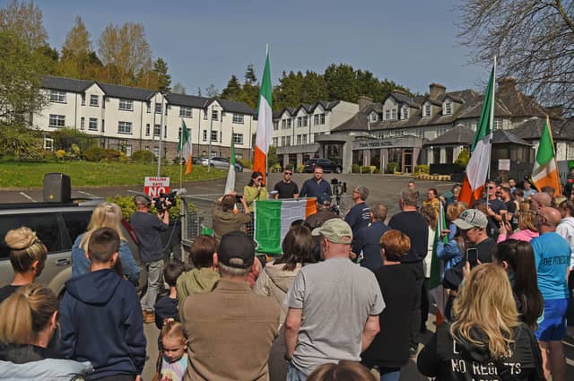 Protestors at at demonstration outside the Twin Trees Hotel on Saturday (Pic: Conor McKeown)