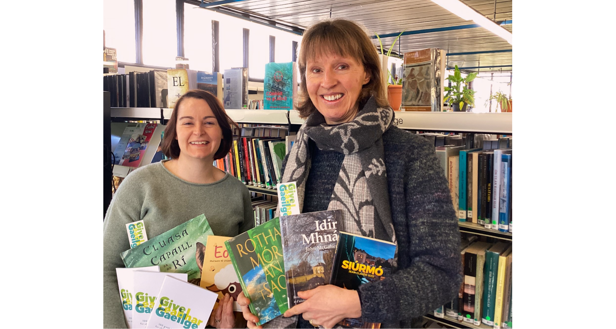 Executive Librarian Catherine Griffin and Branch Librarian Aoife Breslin prepare for Seachtain na Gaeilge at Ennis Library