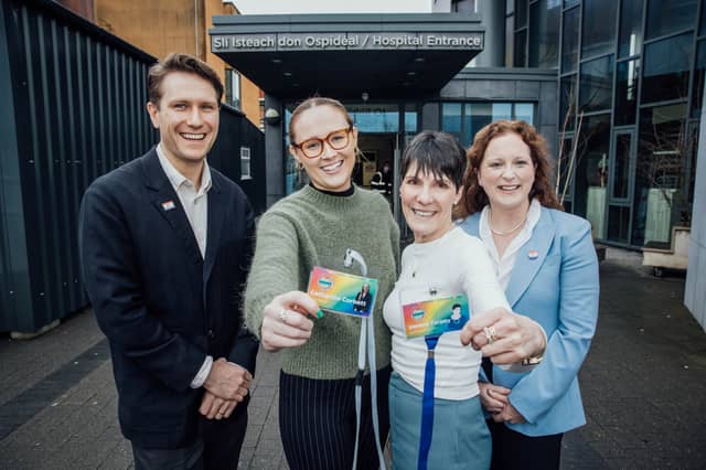 Pictured at the launch of the Rainbow Badge initiative at UHL were Dr Seàn Kelliher, Catherine Corbett, Youth Worker, GOSHH, Verena Tarpey, CEO, GOSHH and Professor Clodagh O’Gorman