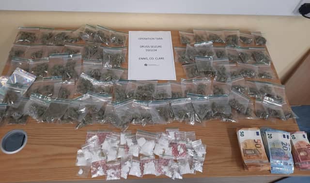 Suspected cocaine and cannabis worth an estimated €15,000 was seized along with a quantity of cash and designer goods | PICTURE: An Garda Siochana / Facebook