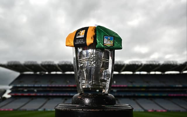 The Liam MacCarthy Cup with Limerick and Kilkenny jerseys before the GAA Hurling All-Ireland Senior Championship Final. Photo: Ramsey Cardy/Sportsfile