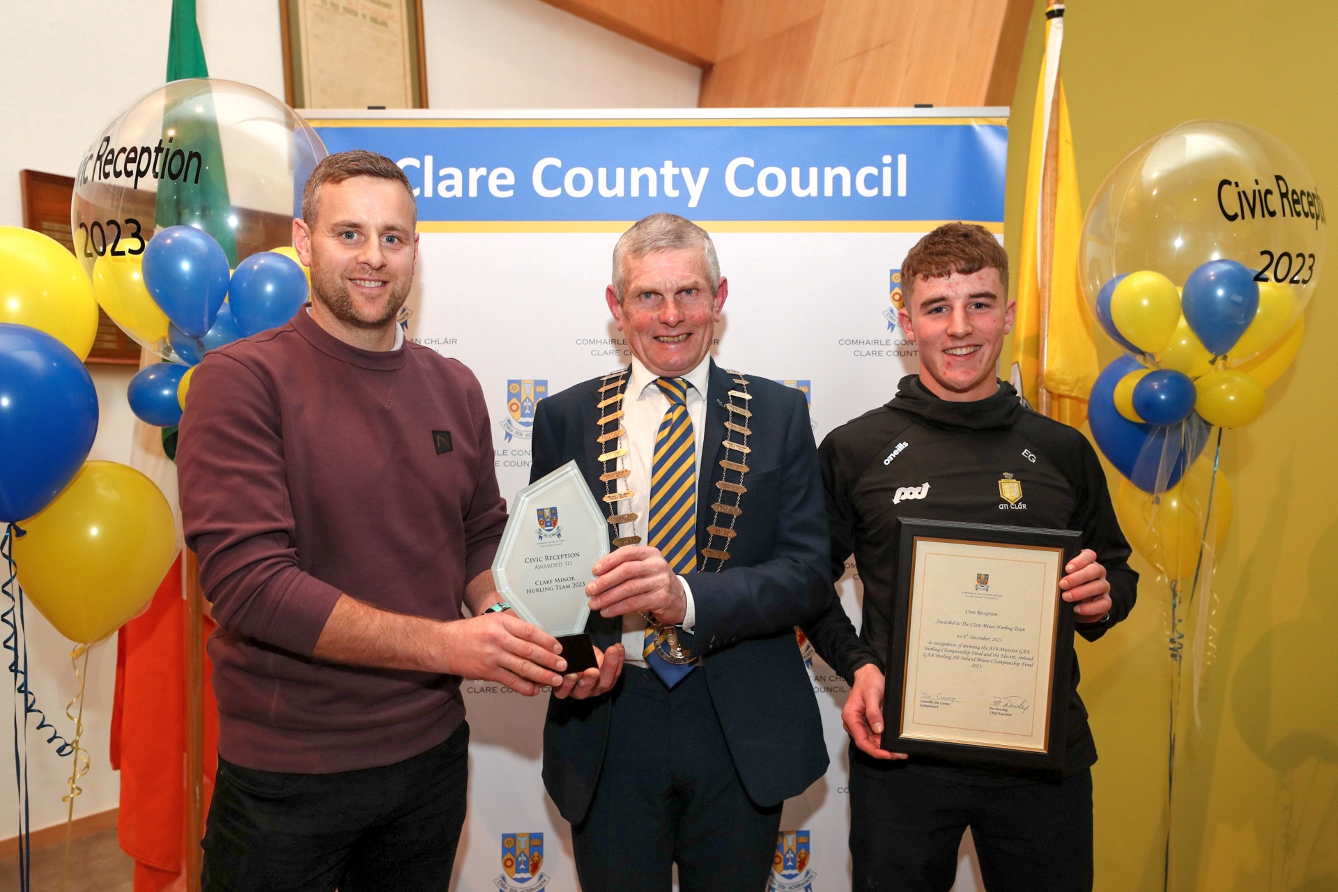 Clare Minor Hurling manager, Brian O’Connell, Cathaoirleach of Clare County Council, Cllr Joe Cooney and Clare Minor Hurling captain, Eoghan Gunning | Pictures: Eamon Ward