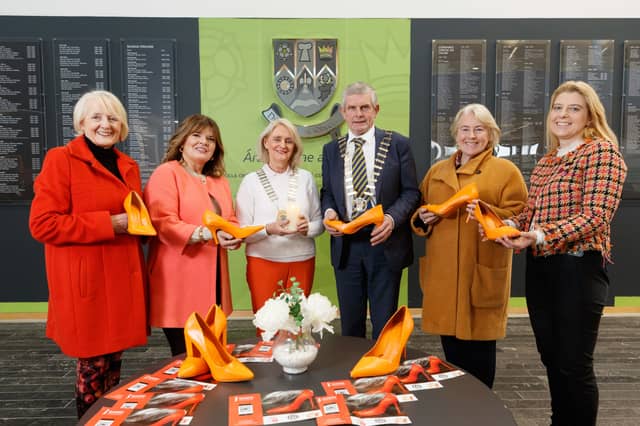 Cllr Joe Cooney with Rosalie Byrne-Muir; Cllr Clare Colleran Molloy; Gwen Murray Flynn; Brigid Barron and Audry Kinahan, Ennis & District Soroptimists | PICTURE: Eamon Ward