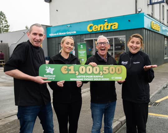 Damien Meehan, Sarah McDonnell, Glyn Williams and Sharon McCaffrey, staff from Centra on the Main Street in Emyvale where the winning ticket was sold | PICTURE: Rory Geary / Mac Innes Photography