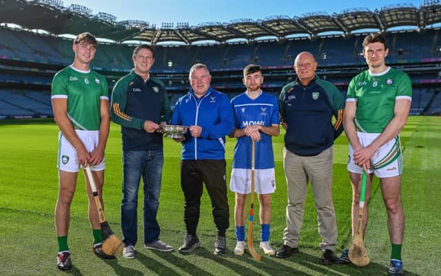 Ireland player Peter Duggan, Ireland manager Damien Coleman, Scotland manager Garry Reid, Scotland player Ruairidh Anderson, Ireland selector Terence McNaughton and Ireland player David Fitzgerald.