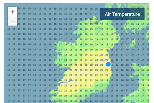 A weather model for air temperature published by Met Éireann shows the temperatures over parts of North Offaly on Saturday afternoon.