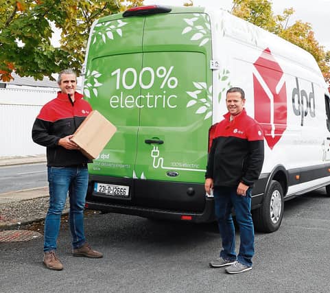 Wayne Johnston, Limerick DPD celebrates the depot transitioning to electric vehicles, with Stephen Tummon, Sustainability Programme Manager, DPD Ireland