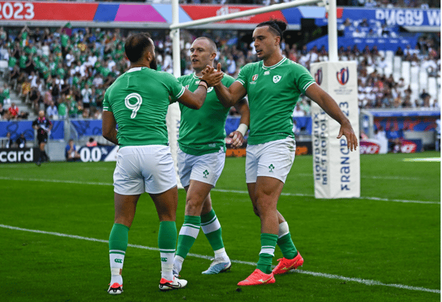 Munster's Keith Earls celebrates Ireland's first try with Jamison Gibson-Park and James Lowe | PICTURE: Sportsfile