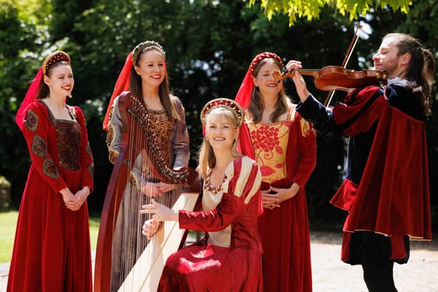 Nora Casey, resident harpist at Bunratty Castle and Folk Park, with Bunratty Castle Entertainers | Picture: Eamon Ward