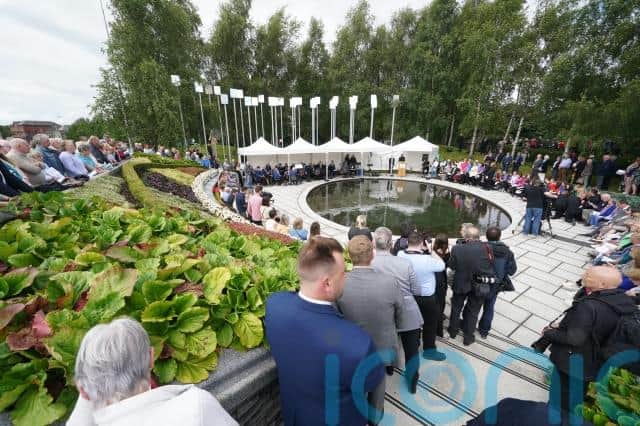 Michael Gallagher, whose son Aidan, 21, was among those killed in the blast, described the crowds at the service as a “powerful testimony to community spirit and cohesion 25 years after our small town was ripped apart”.
