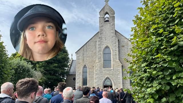 Some of the large group of mourners who attended the funeral of 10 year old Zara Witherow (inset) at St Aidan's Church in Kinlough