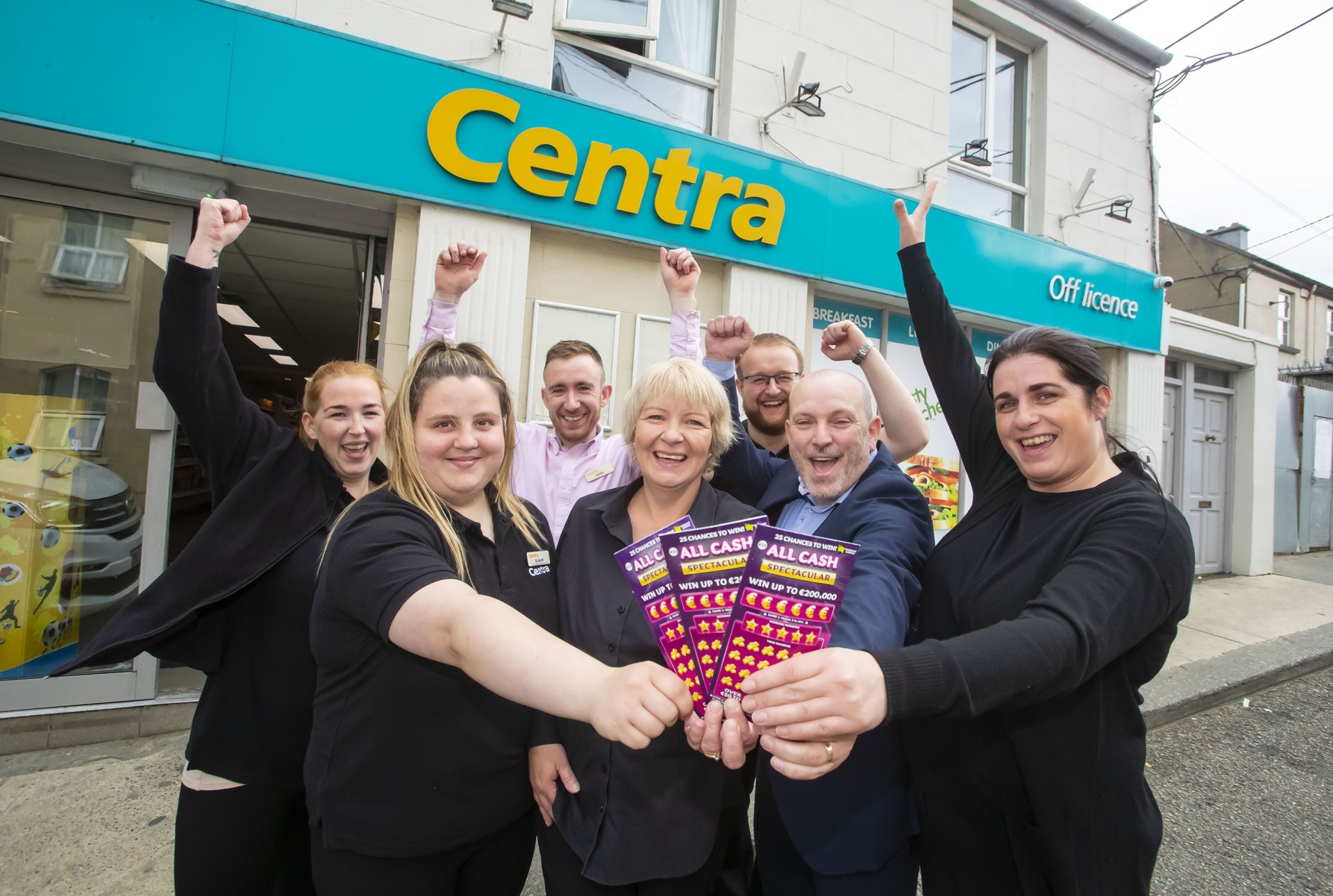 Staff at Centra Enniscorthy, Templeshannon, Co. Wexford celebrate after they sold a top prize of €200,000 on an All Cash Spectacular scratch card