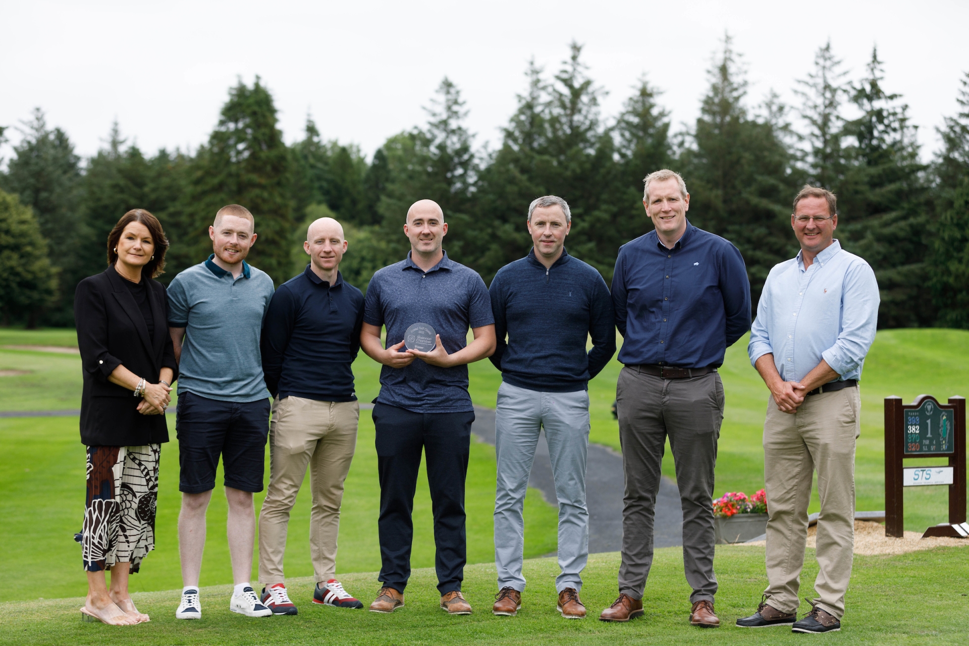 (L-R) Shannon Chamber CEO Helen Downes, CAE Parc team Gavin McPhillips, Alan Brigdale, Michael Sillery&Noel Lynch, CREGG MD David Fitzgibbon &Shannon Chamber president Eoin Gavin | PICTURE Eamon Ward