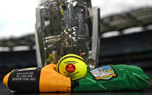 The Liam MacCarthy Cup with Limerick and Kilkenny jerseys, and the matchday sliotar, before the GAA Hurling All-Ireland Senior Championship Final. Photo: Sportsfile