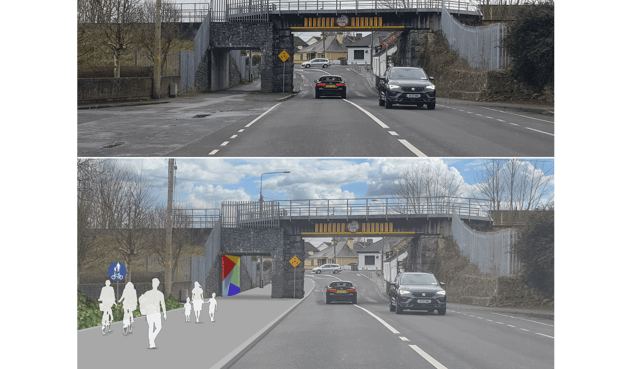 Before and After views of the Active Travel scheme for the Tulla Road in Ennis, County Clare