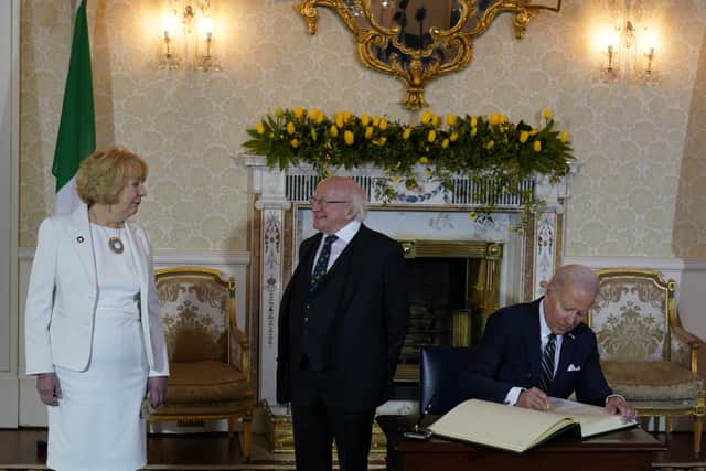 After signing the visitors book in the historic State Reception Room, Mr Biden told the waiting media that he had referenced an Irish proverb: “Your feet will bring you where your heart is”.