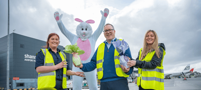 Airport search unit security officer, Katie Duggan Hastings; safety compliance & environment manager, Paul Hennessy; and marketing assistant, Amanda Gavin, with the Easter Bunny