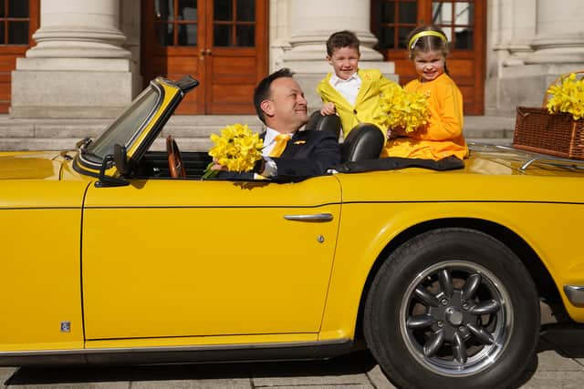 The flowers were delivered in a classic daffodil yellow 1969 Triumph TR6 sports car by the charity’s chief executive, Averil Power, alongside five-year-old Patrick Breen, from Balally, and six-year-old Nora Forde, from Sandyford.