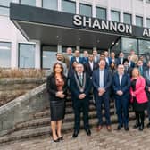 Shannon Chamber president Eoin Gavin pictured with the visiting delegation. The meeting was attended by the Cathaoirligh of Clare and Tipperary County Councils | PICTURE: Eamon Ward