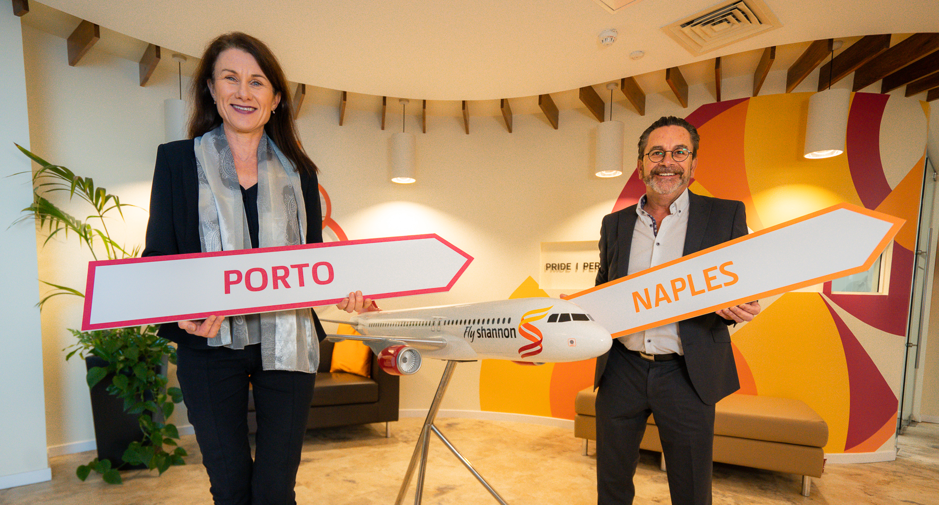 Mary Considine with Shannon Airport's Head of Aviation Development, Declan Power welcoming two new routes to Naples and Porto