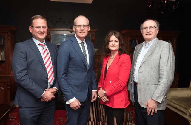 Simon Coveney TD., Minister for Foreign Affairs pictured in Ennis with (from left): Eoin Gavin, president; Helen Downes, chief executive; and Ian Barrett, director, Shannon Chamber. Photograph by Eamo