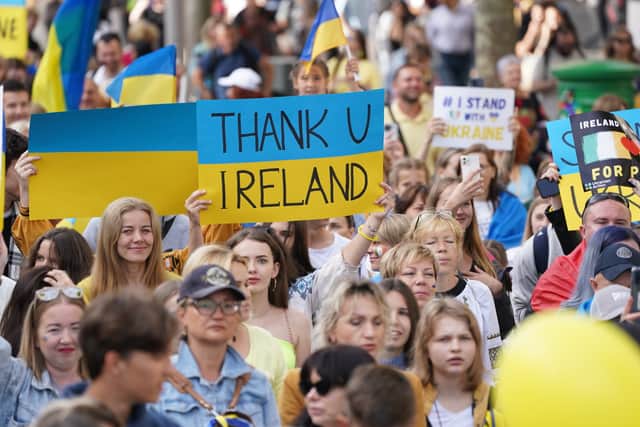 Starting at the General Post Office on O’Connell Street, the demonstration moved across the city to the Ukrainian Embassy in Ballsbridge carrying banners which read “Stand With Ukraine”, waving Ukrainian flags and holding blue and yellow balloons.